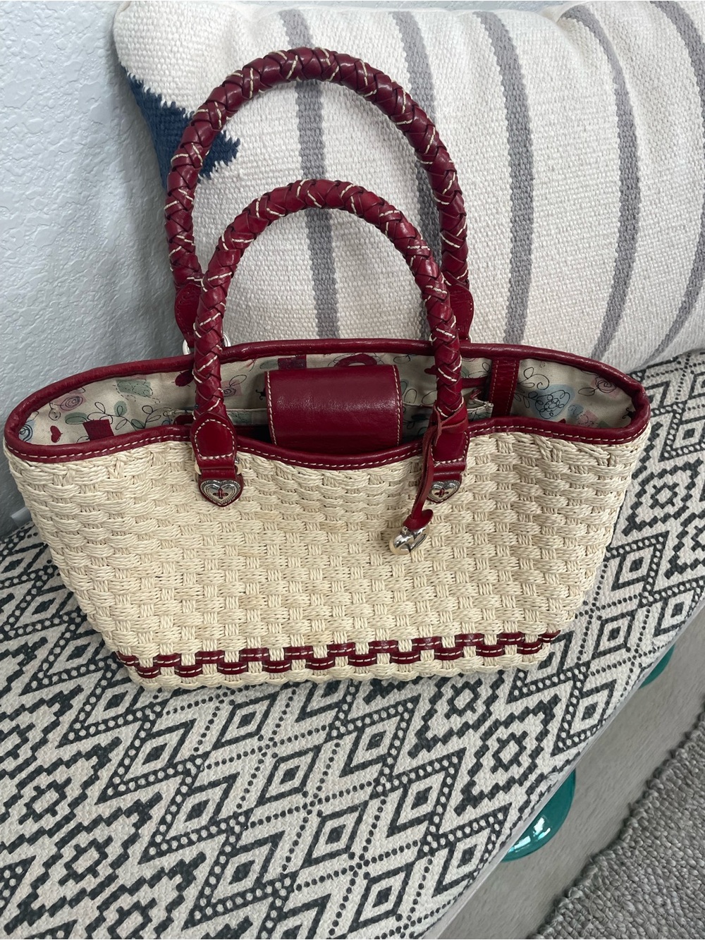 Brighton Basket Woven Soft Purse with Red Leather Trimming 11x7x5”